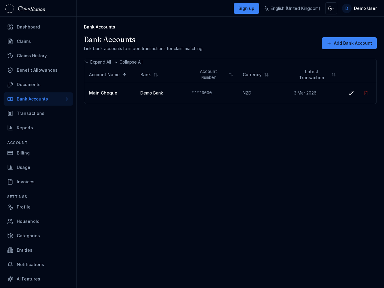 ClaimStation Bank Accounts